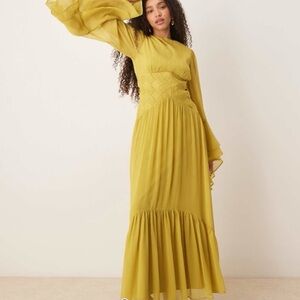 ASOS long sleeve chiffon maxi dress with cross stitch waist detail